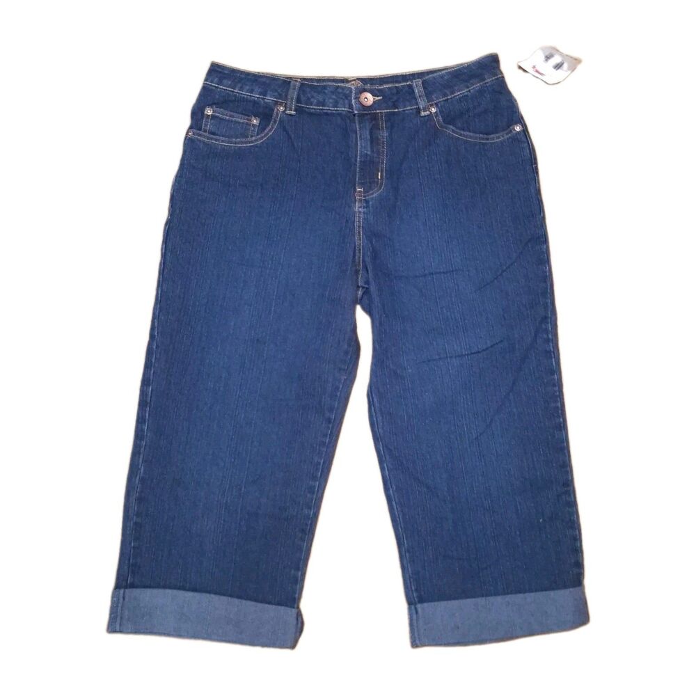 nwt faded glory womens stretch capri denim jeans size 10 dark wash blue cuffed.
